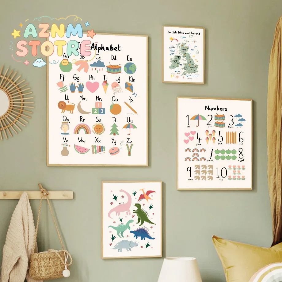 Star Map Poster - Dierenwereldkaart Dinosaurus Alfabet Nummer Canvas Wandkunst